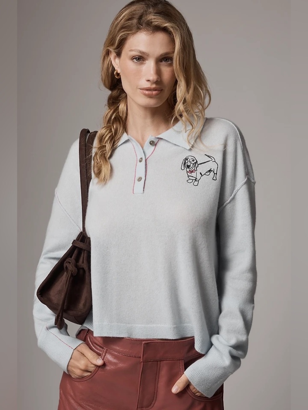 Anthropologie Pilcro Jensen Cashmere Crop Polo Sweater Embroidered Dog Size L